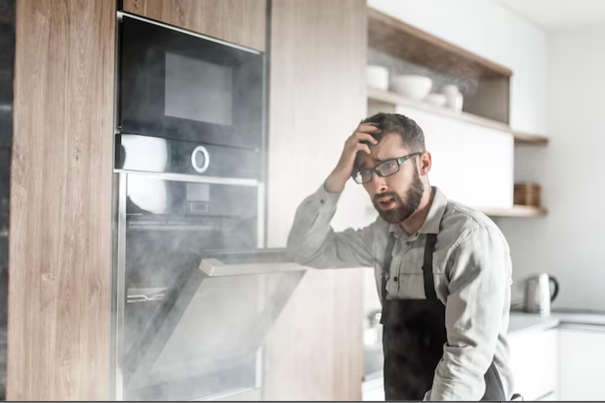 An exasperated Apache Junction homeowner looking at his oven billowing smoke